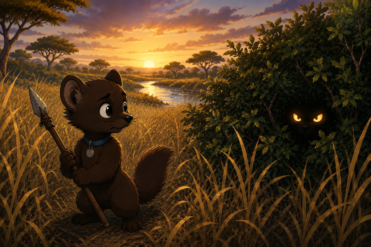 Buddy the sable holding a spear, frozen in tall grass in front of a bush with two glowing yellow eyes peering out of its darkness