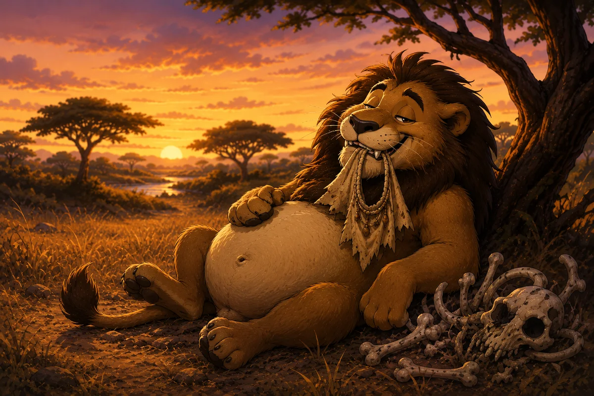 A well-fed lion lying under a tree beside a pile of bones, holding a torn loincloth in his teeth and staring at it with a puzzled expression