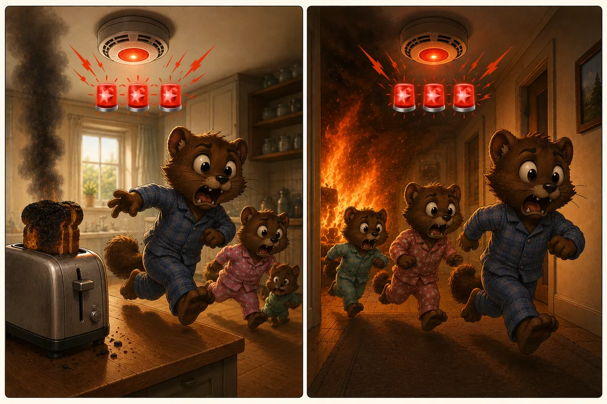 A diptych: on the left a family of sables in pajamas panicking over a smoking toaster under a blaring smoke detector, on the right the same family escaping a real fire in a hallway