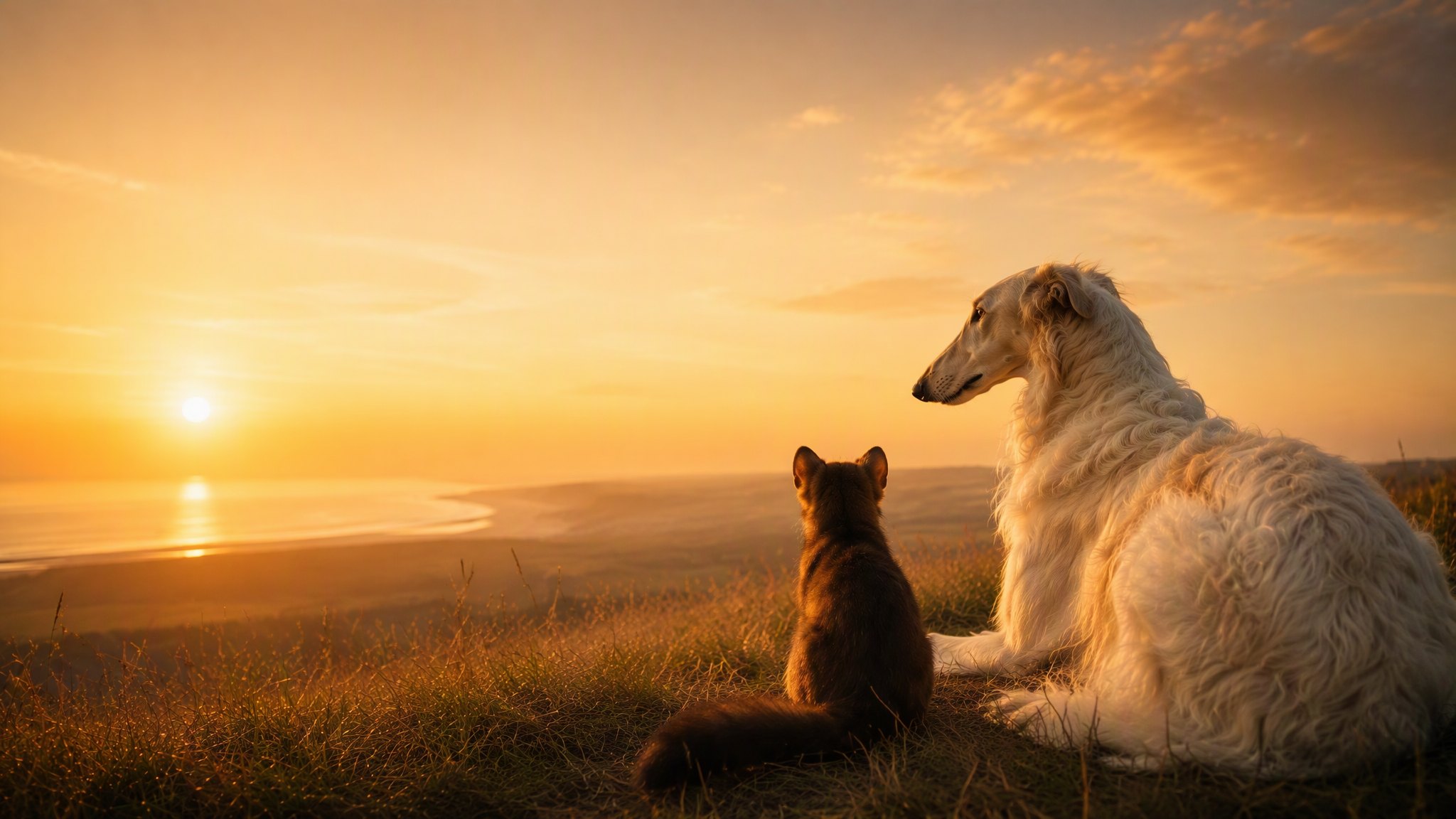 Buddy the sable and Cheru the borzoi watching the sunset