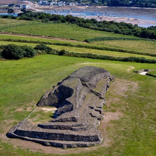 Aerial view of the Barnenez cairn: two joined cairns overlooking the Bay of Morlaix