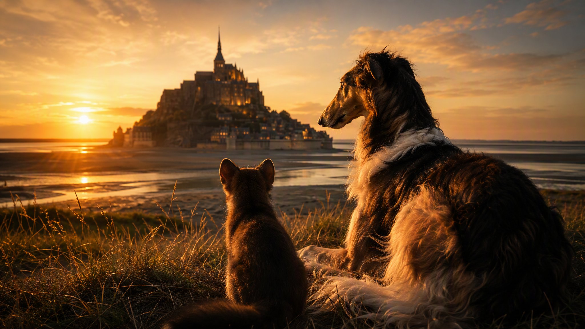 Buddy and Cheru at Mont-Saint-Michel