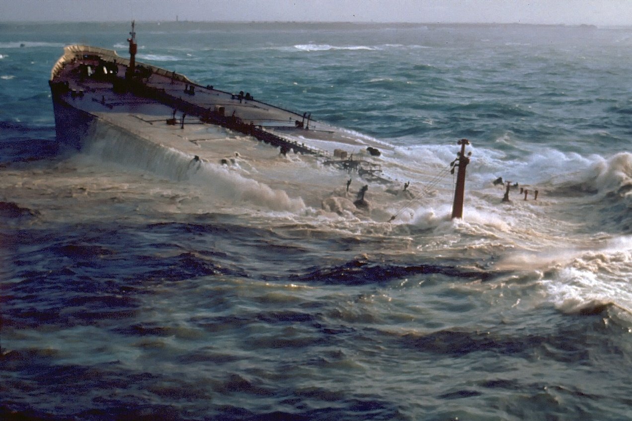 The supertanker Amoco Cadiz on the rocks off the Brittany coast, March 1978