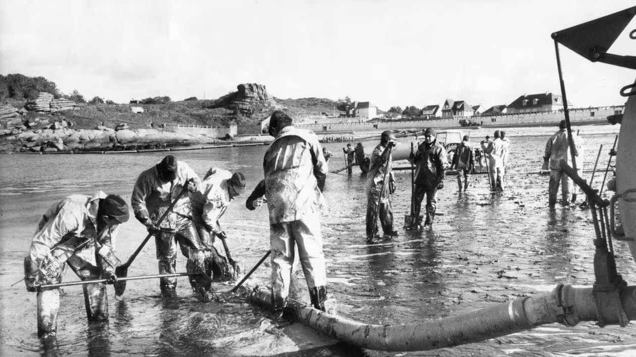 Soldiers and volunteers cleaning a beach of fuel oil after the Amoco Cadiz spill