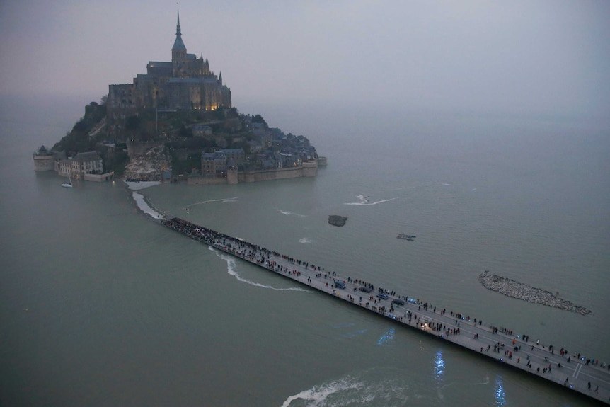 Mont-Saint-Michel surrounded by water during the supertide of 21 March 2015